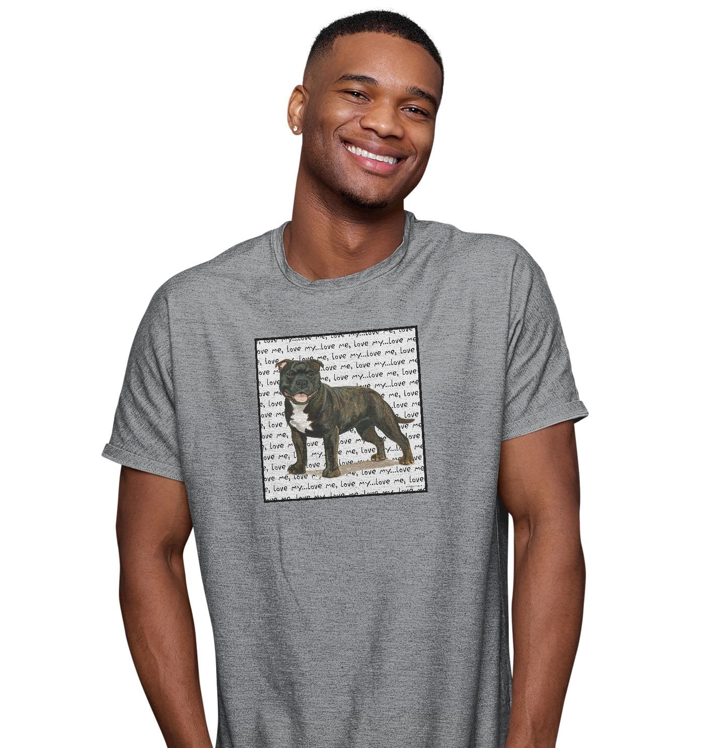 Brindle Staffordshire Bull Terrier Love Text - Adult Unisex T-Shirt - Image 3