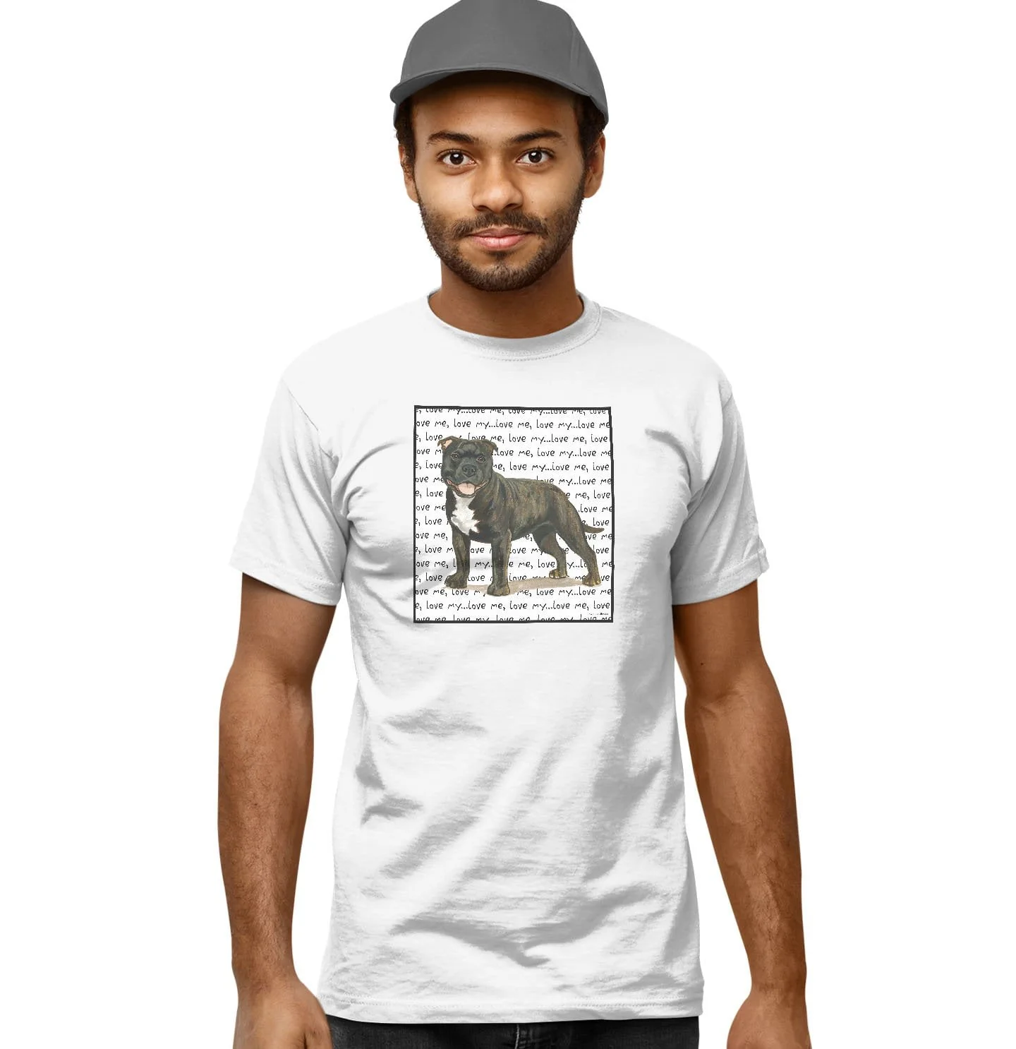 Brindle Staffordshire Bull Terrier Love Text - Adult Unisex T-Shirt - Image 5