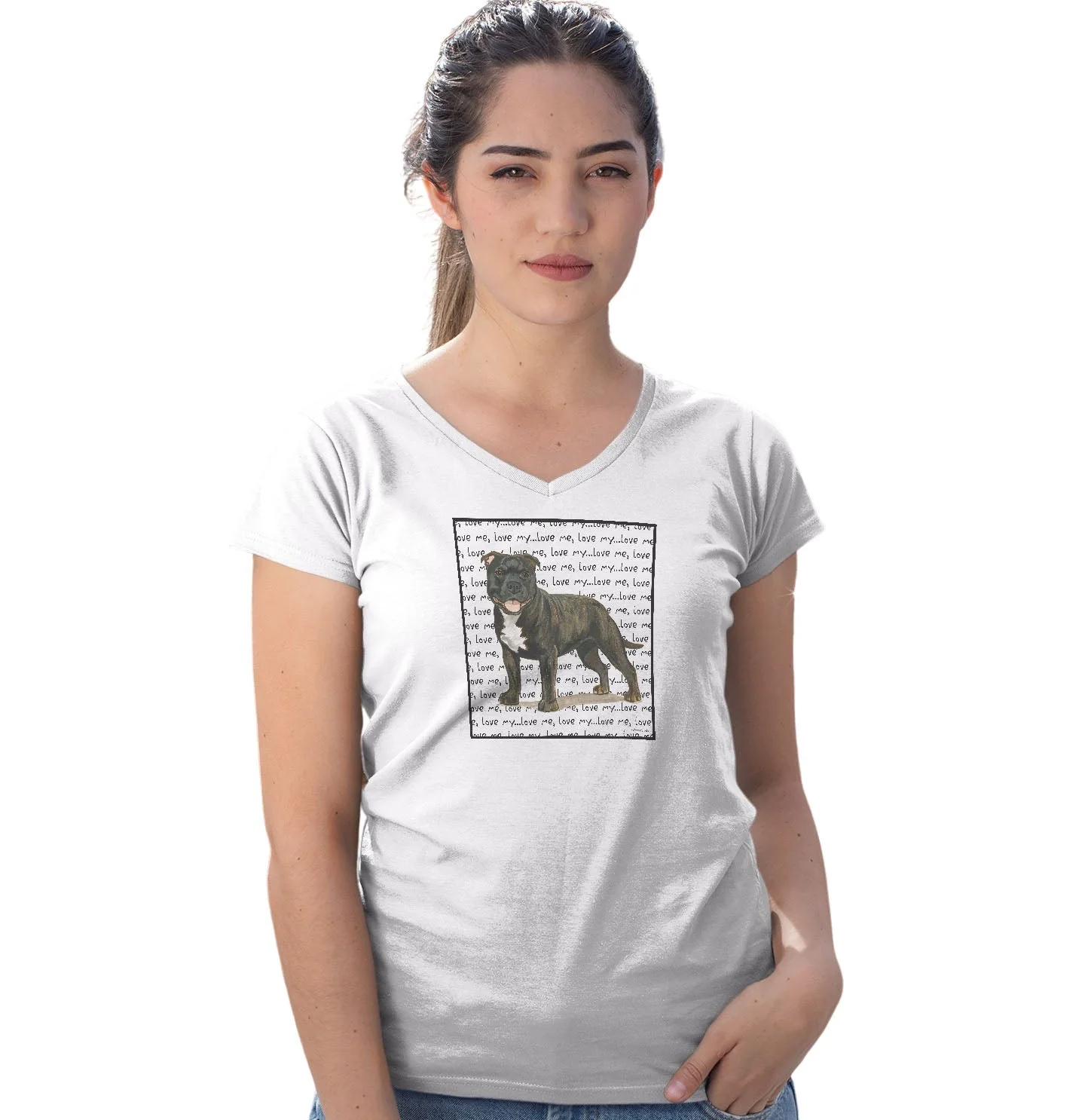 American Staffordshire Terrier- Brindle- Love Text - Women's V-Neck T-Shirt - Image 3