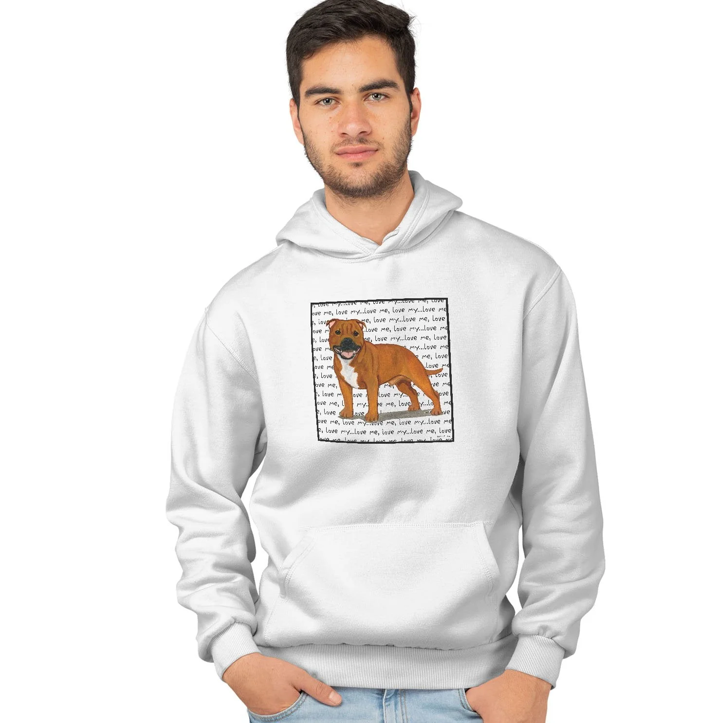 Red Staffordshire Bull Terrier Love Text - Adult Unisex Hoodie Sweatshirt - Image 4