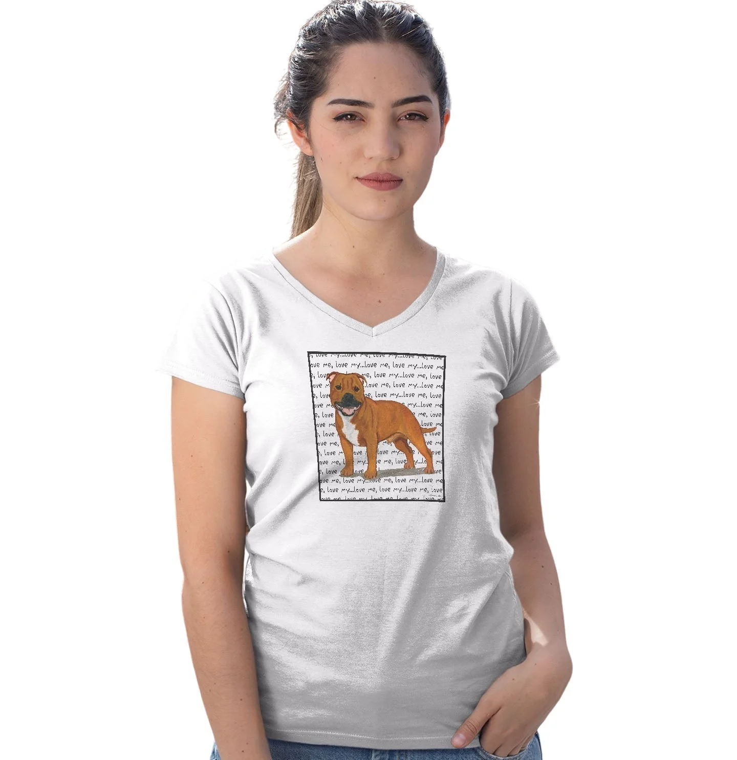 American Staffordshire Terrier- Red- Love Text - Women's V-Neck T-Shirt