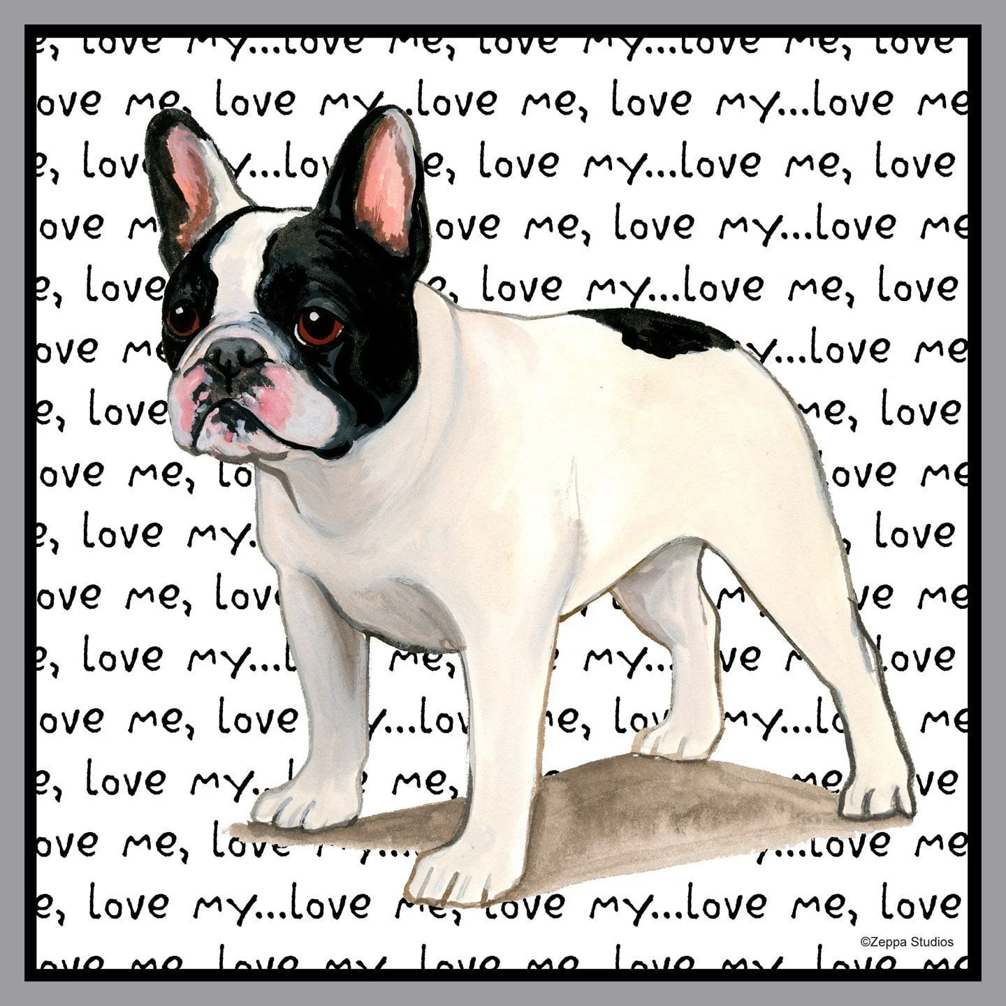 Black & White French Bulldog Love Text - Adult Unisex T-Shirt - Image 2