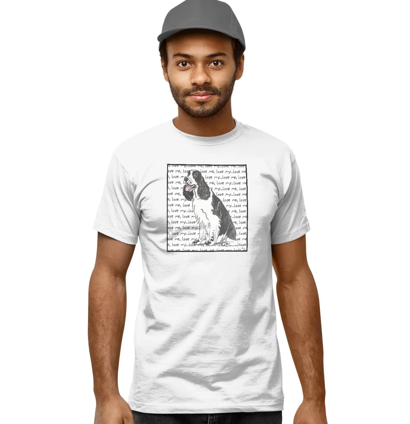 Black and White English Springer Spaniel Love Text - Adult Unisex T-Shirt - Image 5