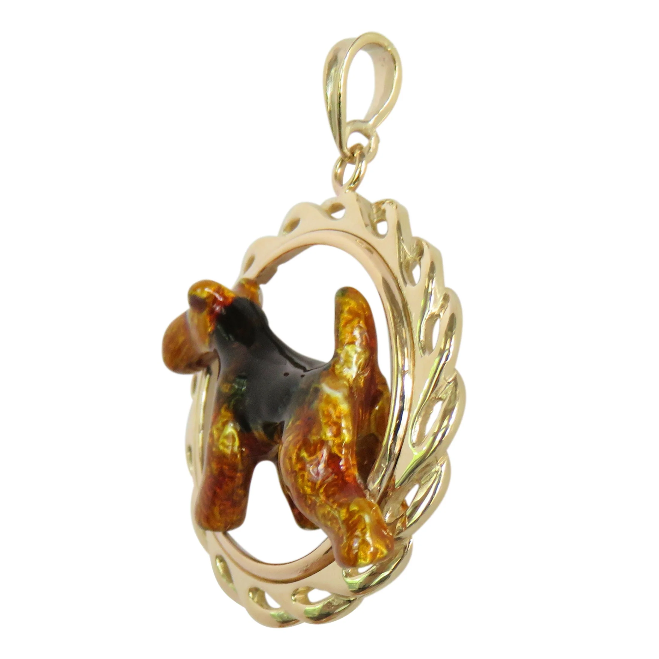 Airedale Terrier in 14K Gold Circle Wave Pendant Custom Enamel - Image 3