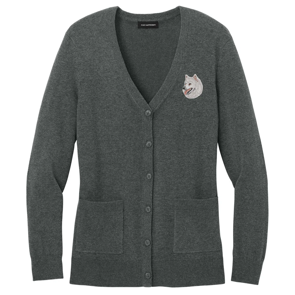 American Eskimo Dog Embroidered Button-Up Cardigan Sweater
