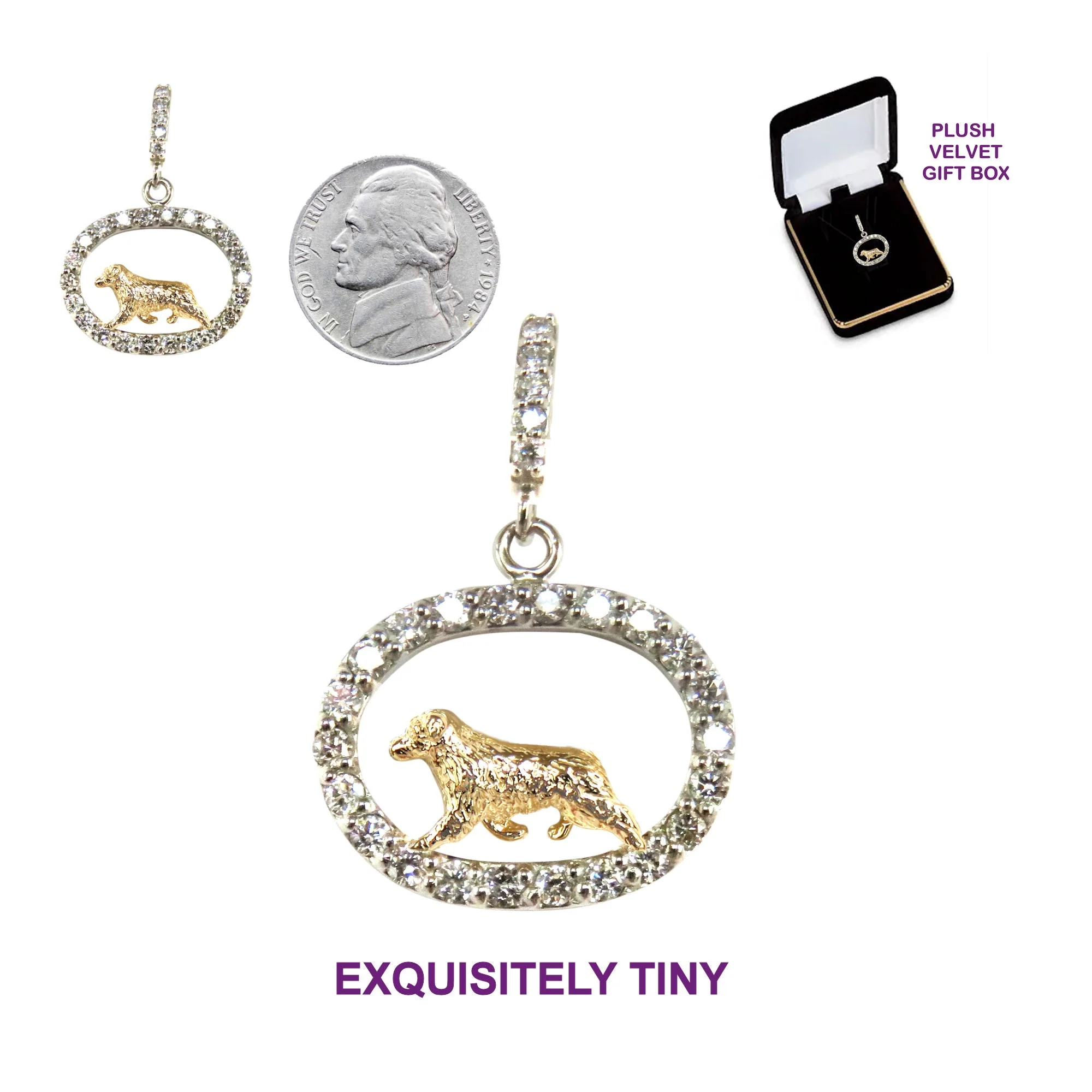 Australian Shepherd 14K Gold in Exquisite Tiny Genuine Diamond Oval Pendant - Image 3