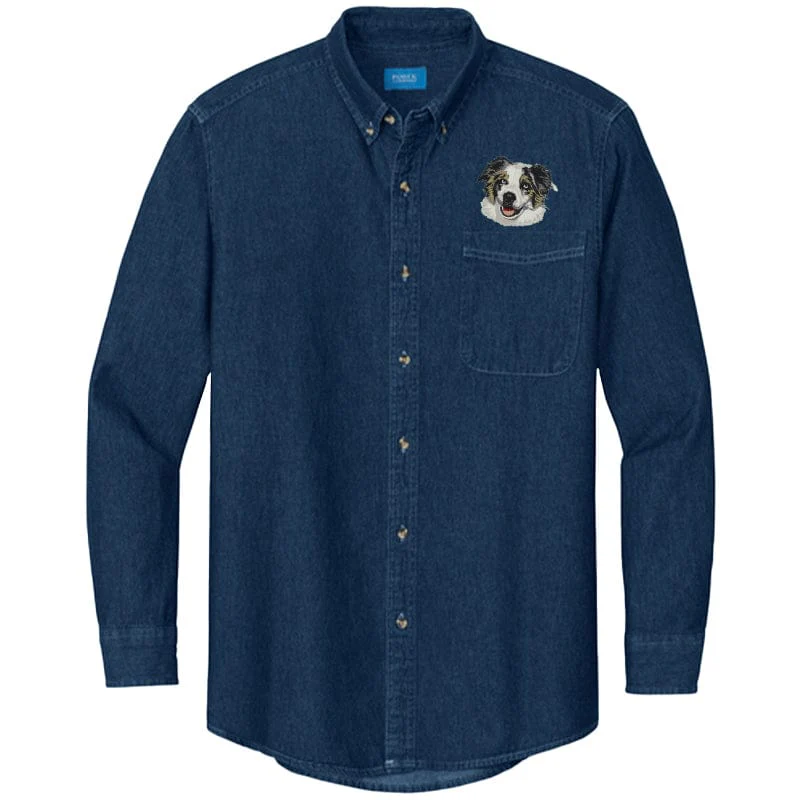 Australian Shepherd Embroidered Men's Denim Shirt - Image 5