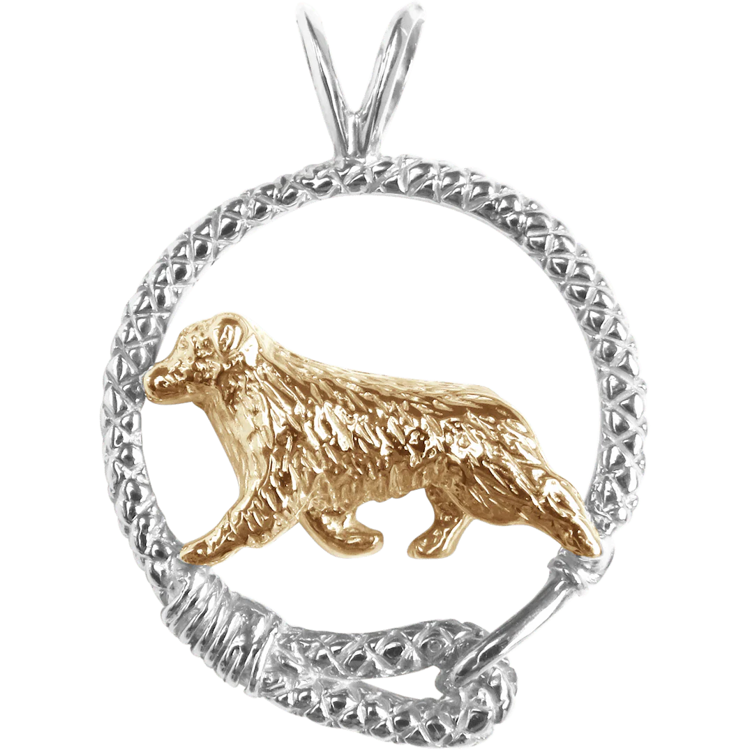 Australian Shepherd Solid 14K Gold in Sterling Silver Leash Pendant