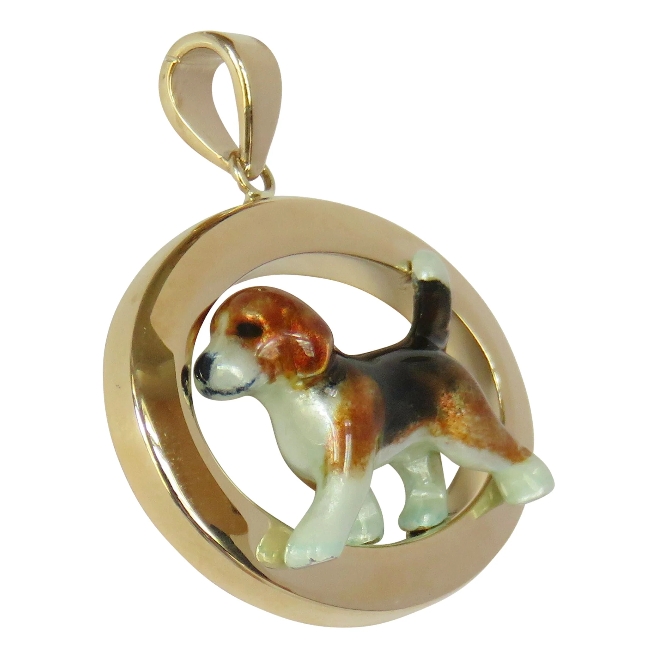 Beagle in 14K Gold Oval Frame Pendant Custom Enamel - Image 2