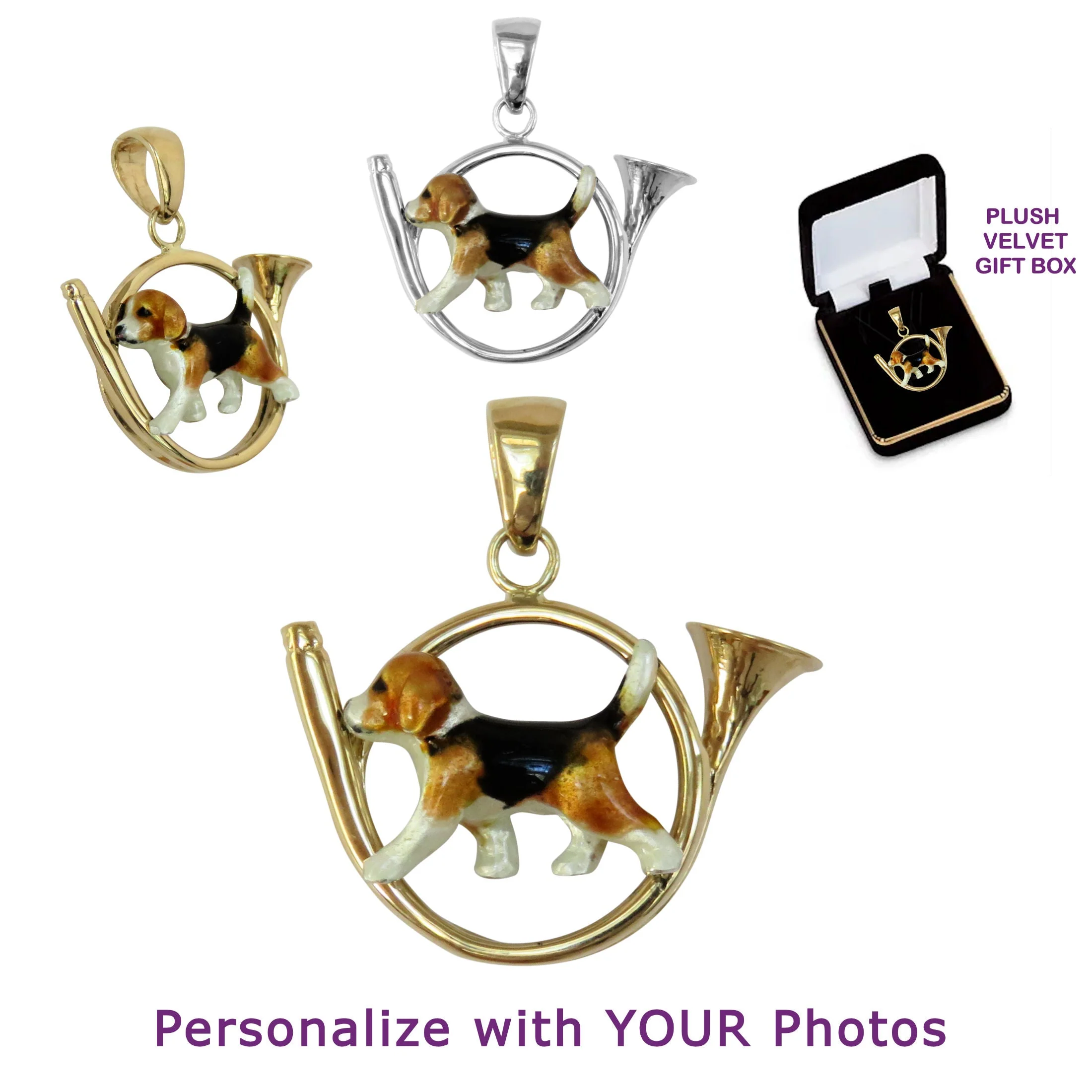 Beagle in Sterling Silver Hunting Horn Pendant Custom Enamel - Image 2