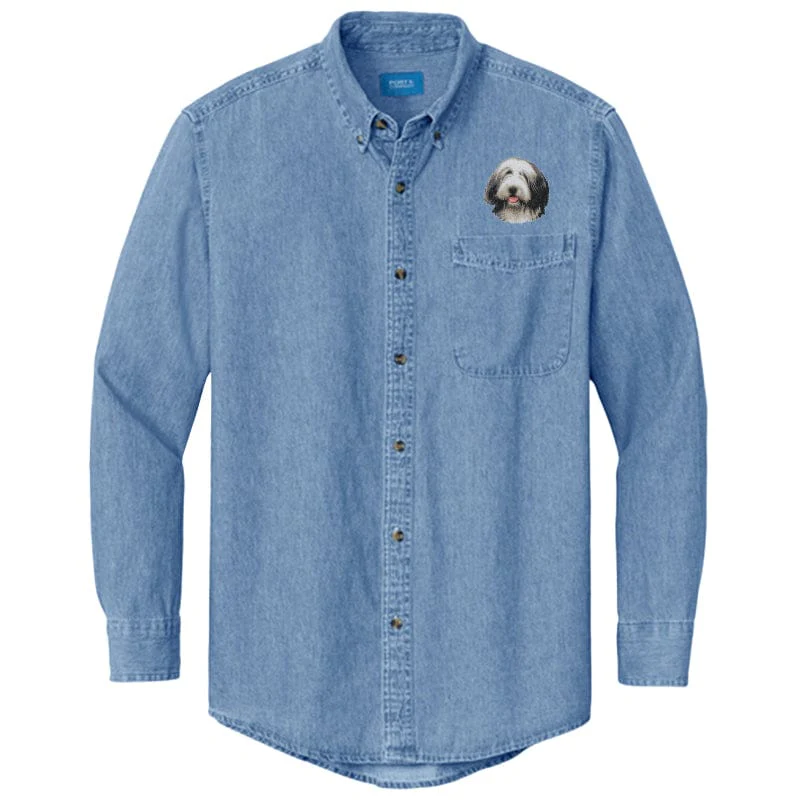 Bearded Collie Embroidered Men's Denim Shirt