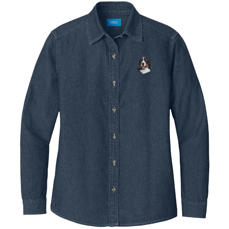 Bernese Mountain Dog Embroidered Women's Denim Shirt - Image 3