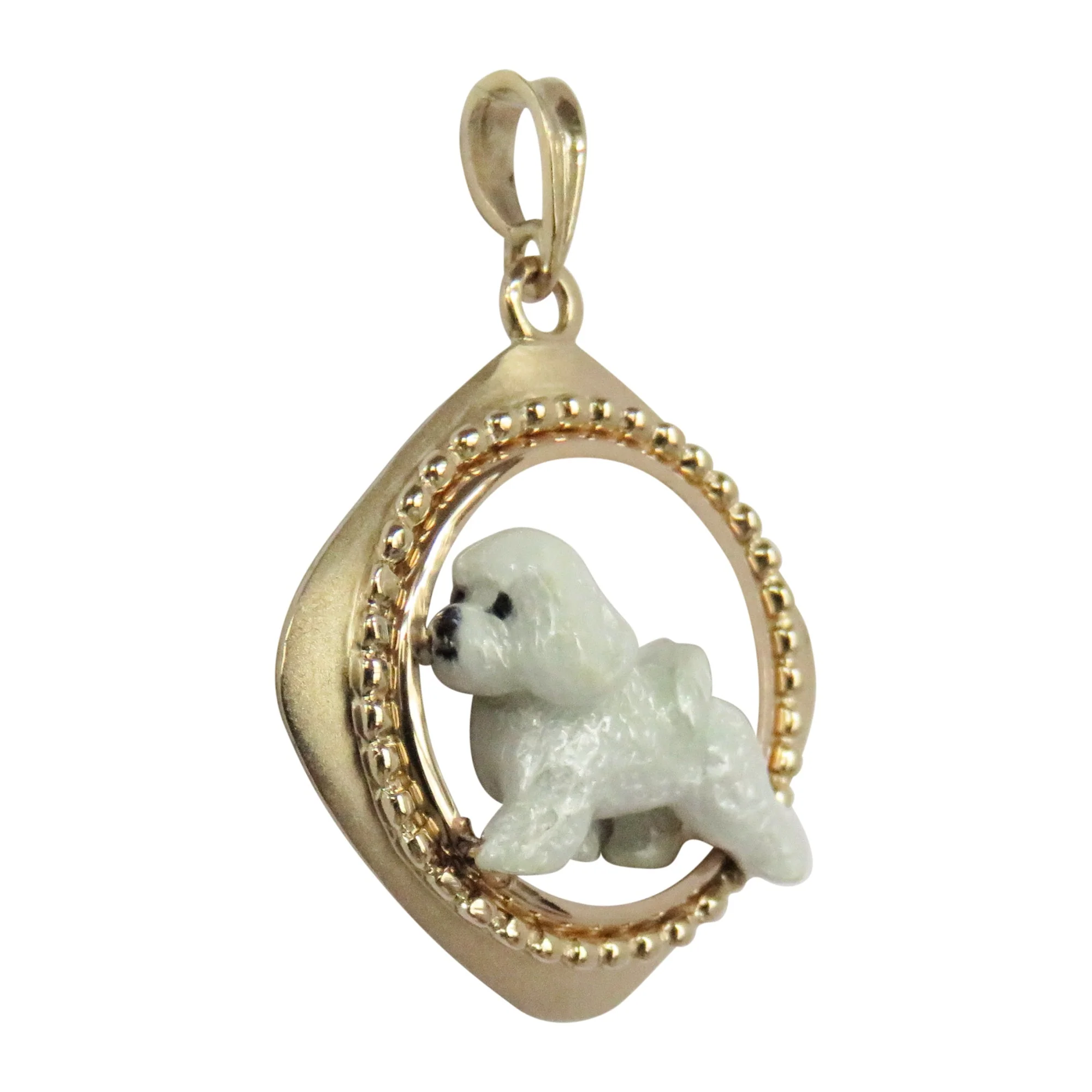 Bichon Frise Custom Enamel  in 14K Gold Diamond Shape Frame Pendant - Image 3