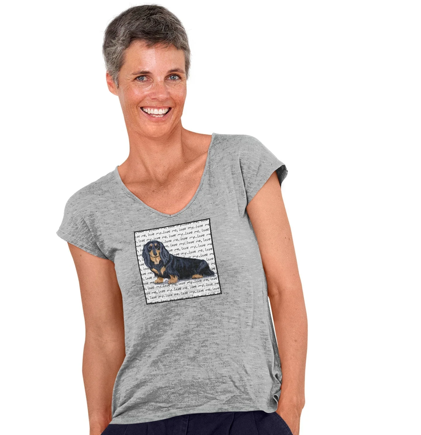 Black Longhaired Dachshund Love Text - Women's V-Neck T-Shirt - Image 3