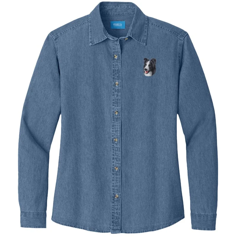 Border Collie Embroidered Women's Denim Shirt