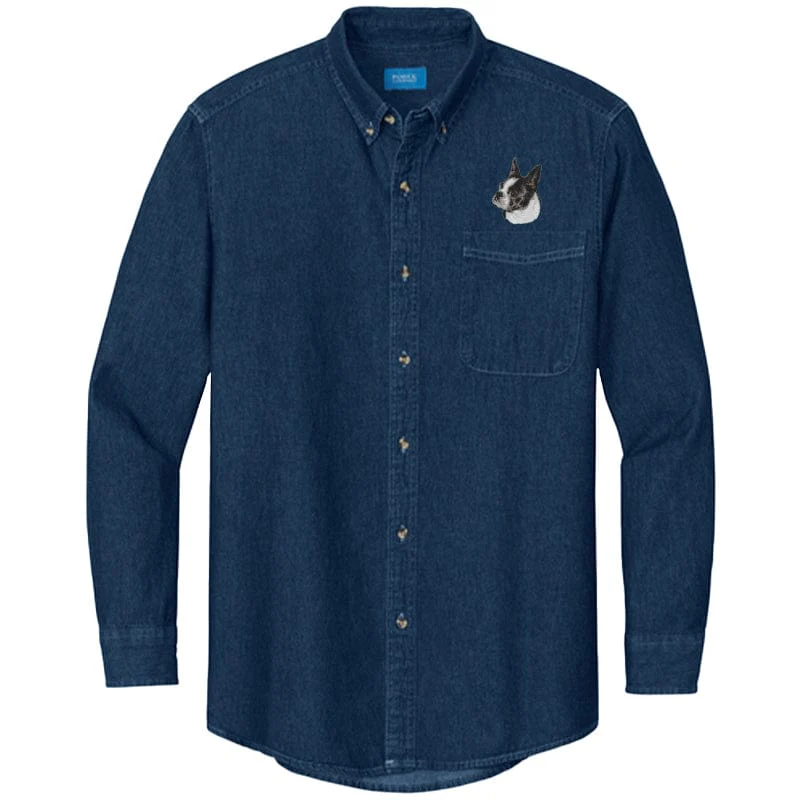 Boston Terrier Embroidered Men's Denim Shirt - Image 3