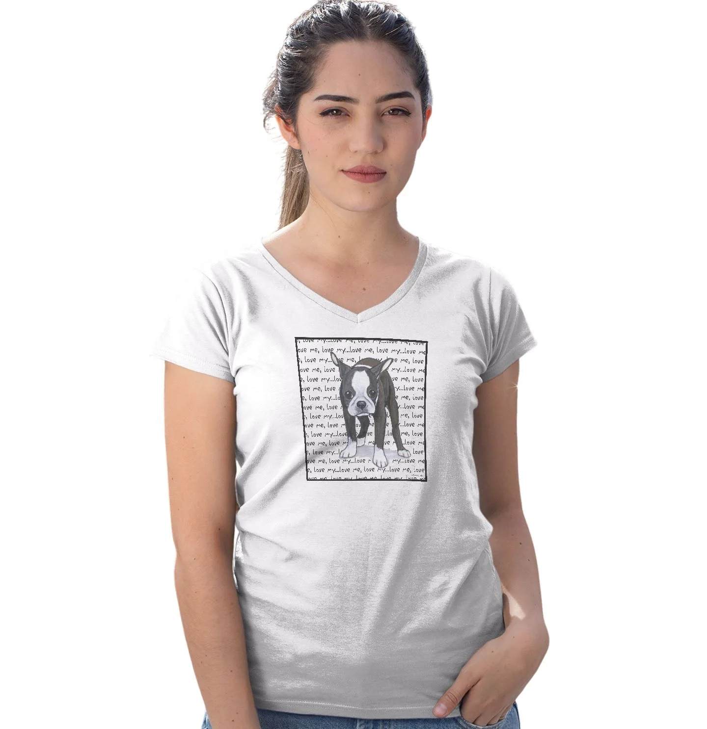 Boston Terrier Love Text - Women's V-Neck T-Shirt - Image 3