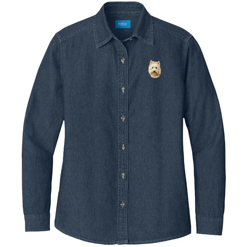 Cairn Terrier Embroidered Women's Denim Shirt - Image 3