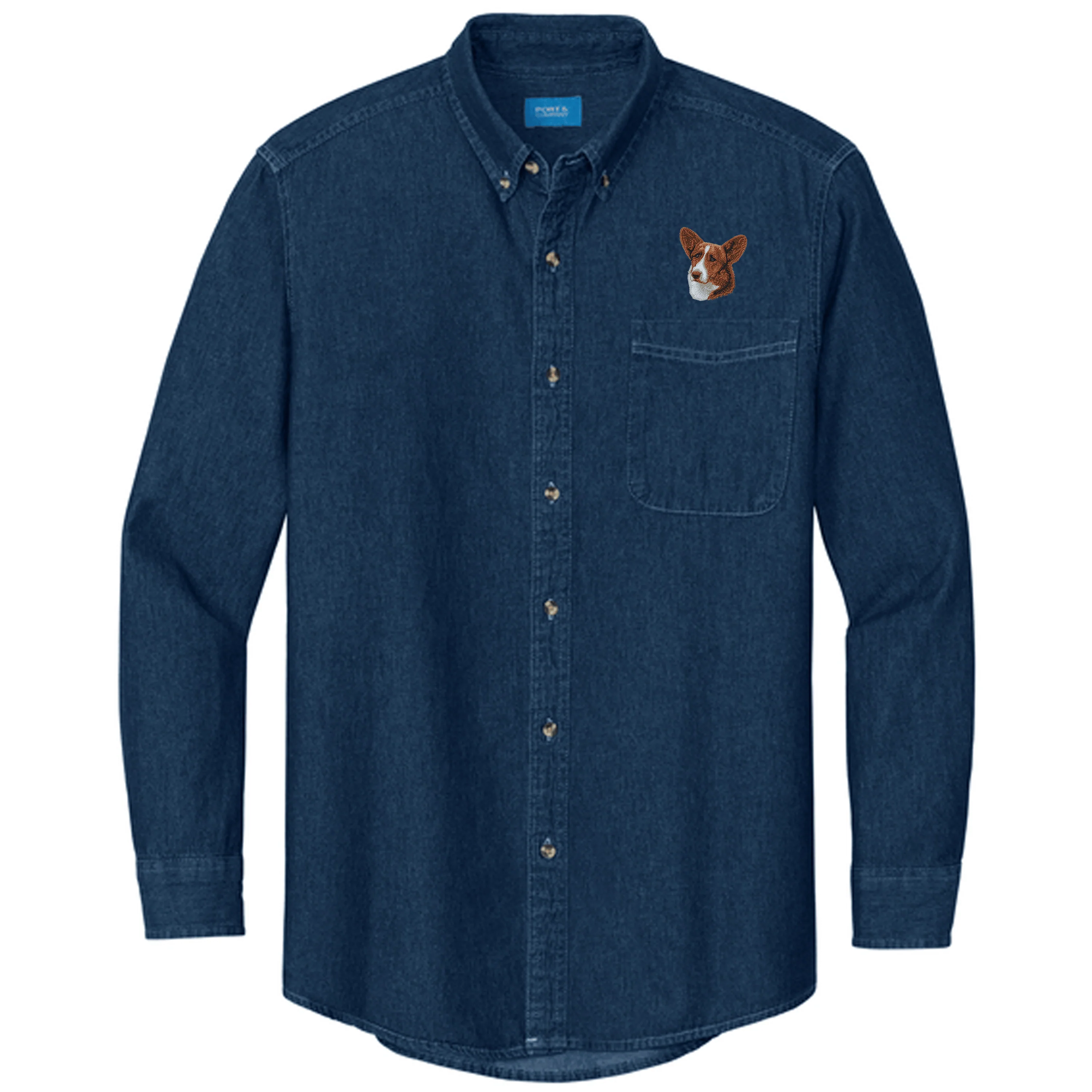 Cardigan Welsh Corgi Embroidered Men's Denim Shirt - Image 3