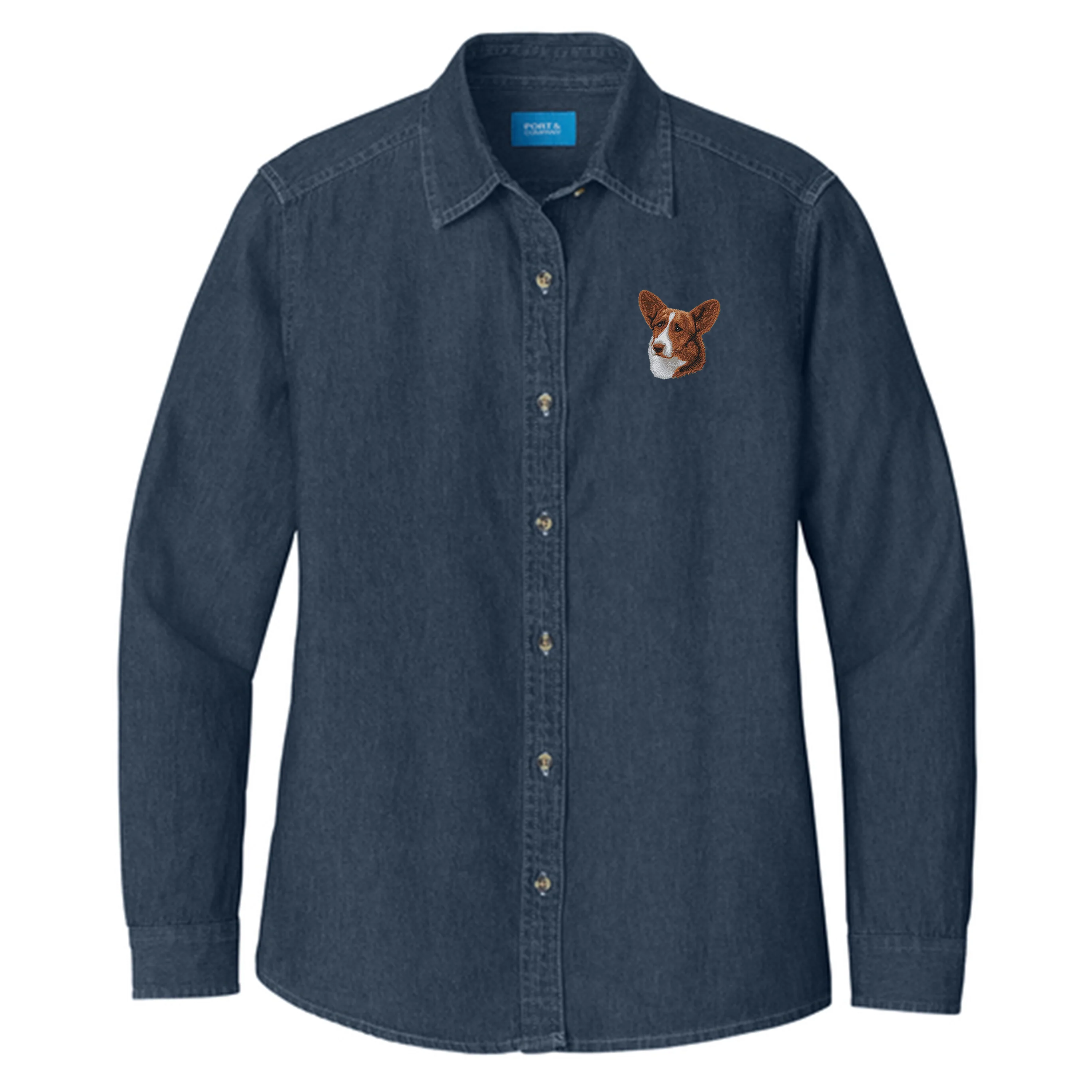 Cardigan Welsh Corgi Embroidered Women's Denim Shirt - Image 3