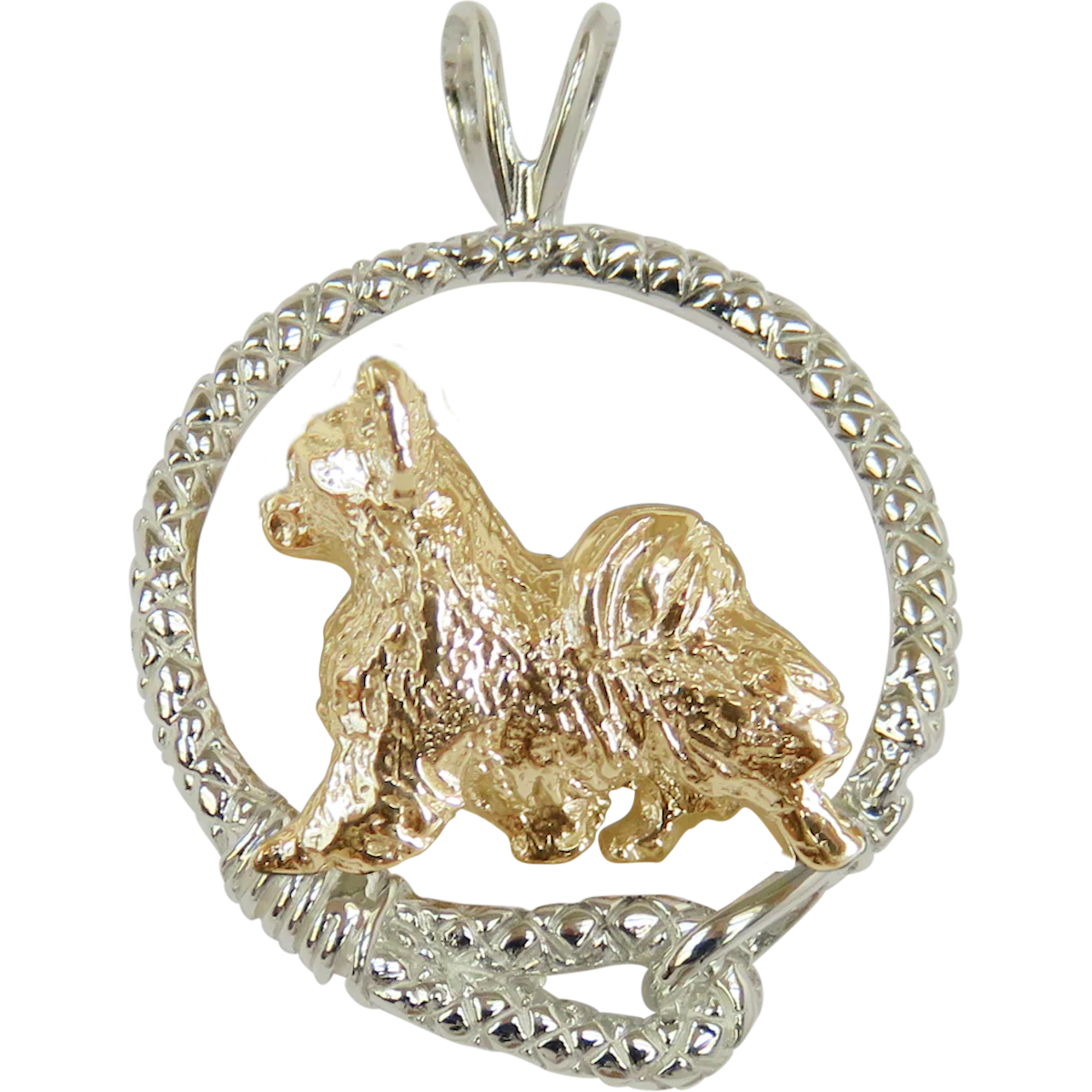 Chihuahua (Long Coat) in  Solid 14K Gold and Sterling Silver Leash Pendant