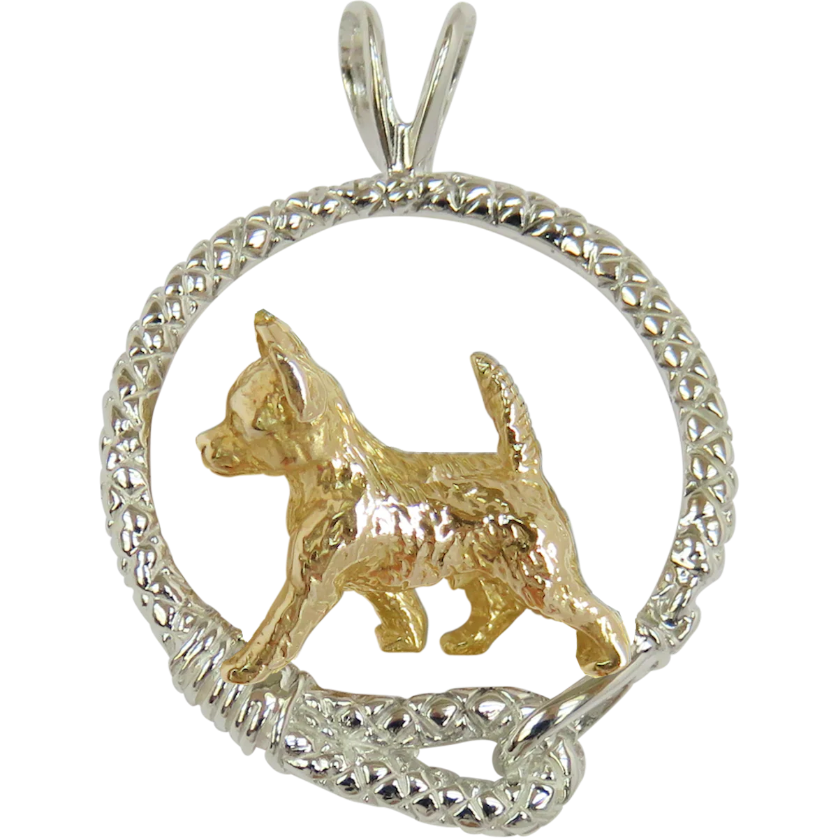Chihuahua (Smooth Coat) in Solid 14K Gold  and Sterling Silver Leash Pendant