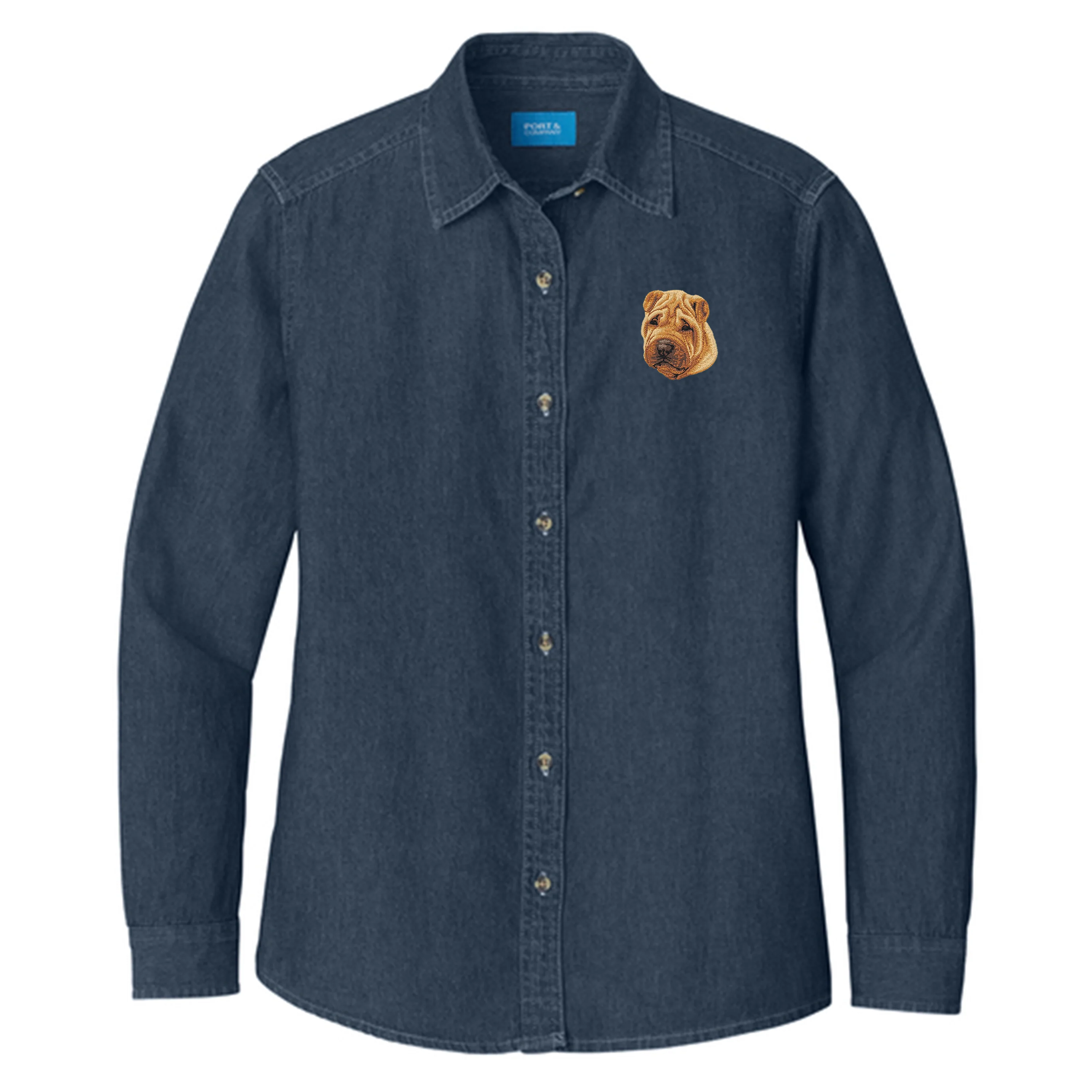 Chinese Shar-Pei Embroidered Women's Denim Shirt - Image 2