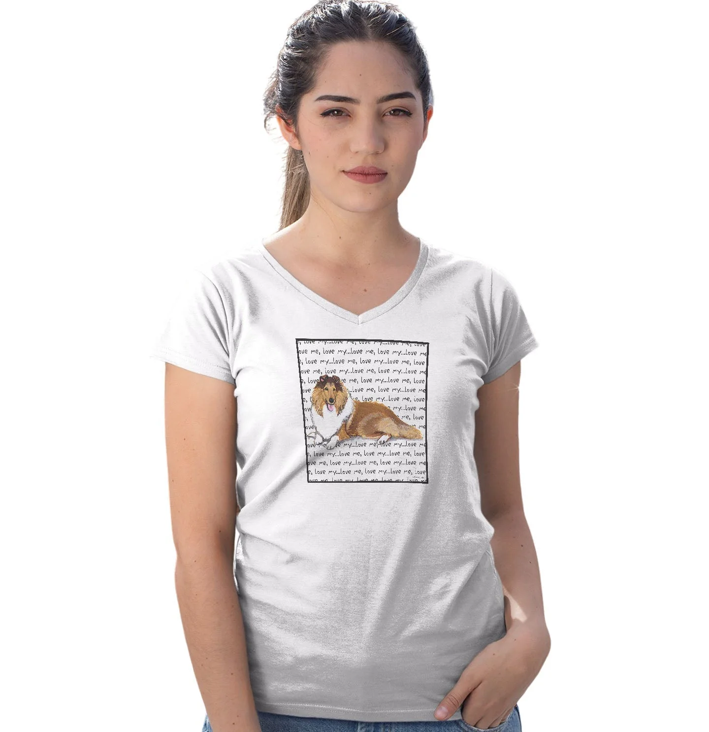 Collie Love Text - Women's V-Neck T-Shirt - Image 3