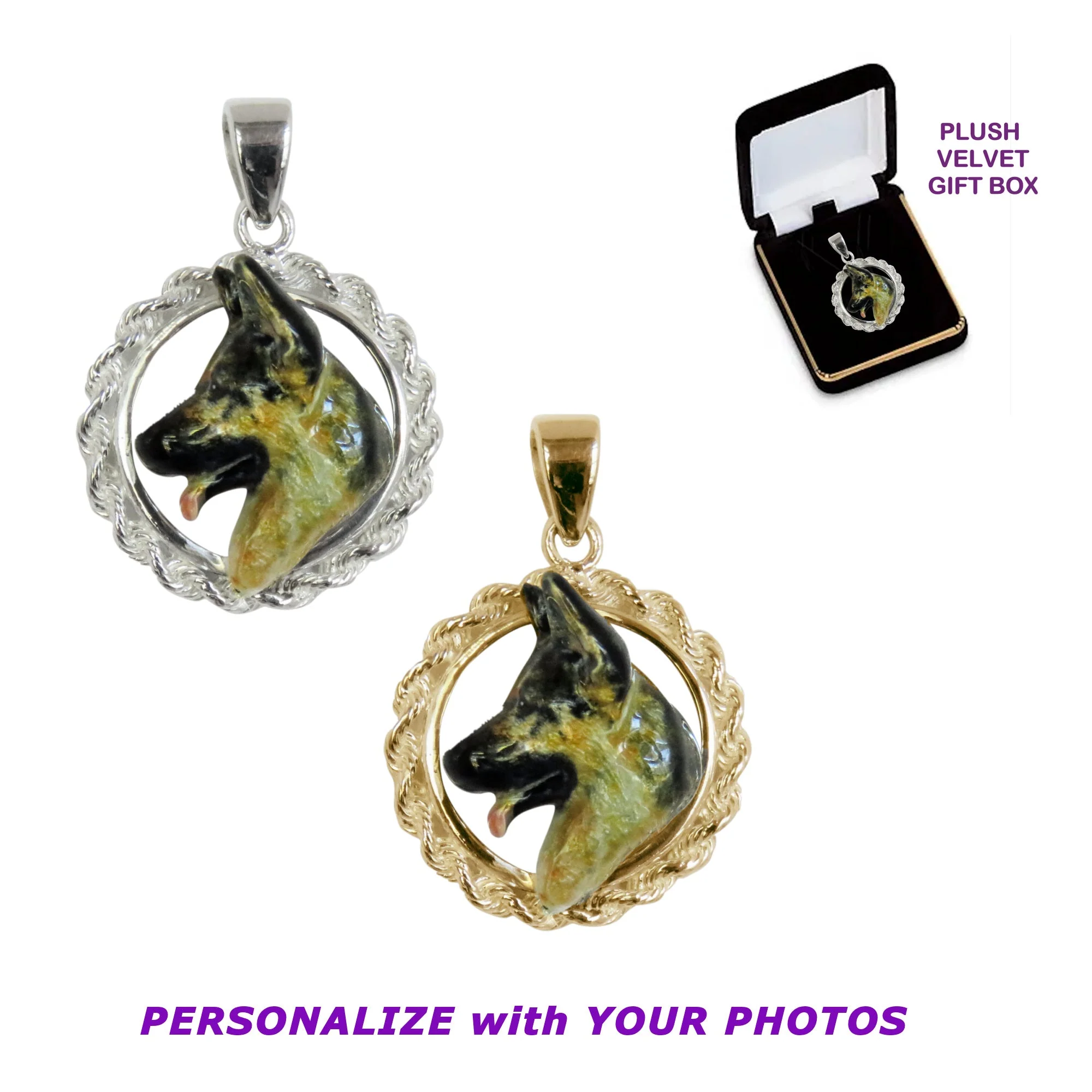 German Shepherd Dog Custom Enamel  in 14K Gold Classic Rope Pendant - Image 2