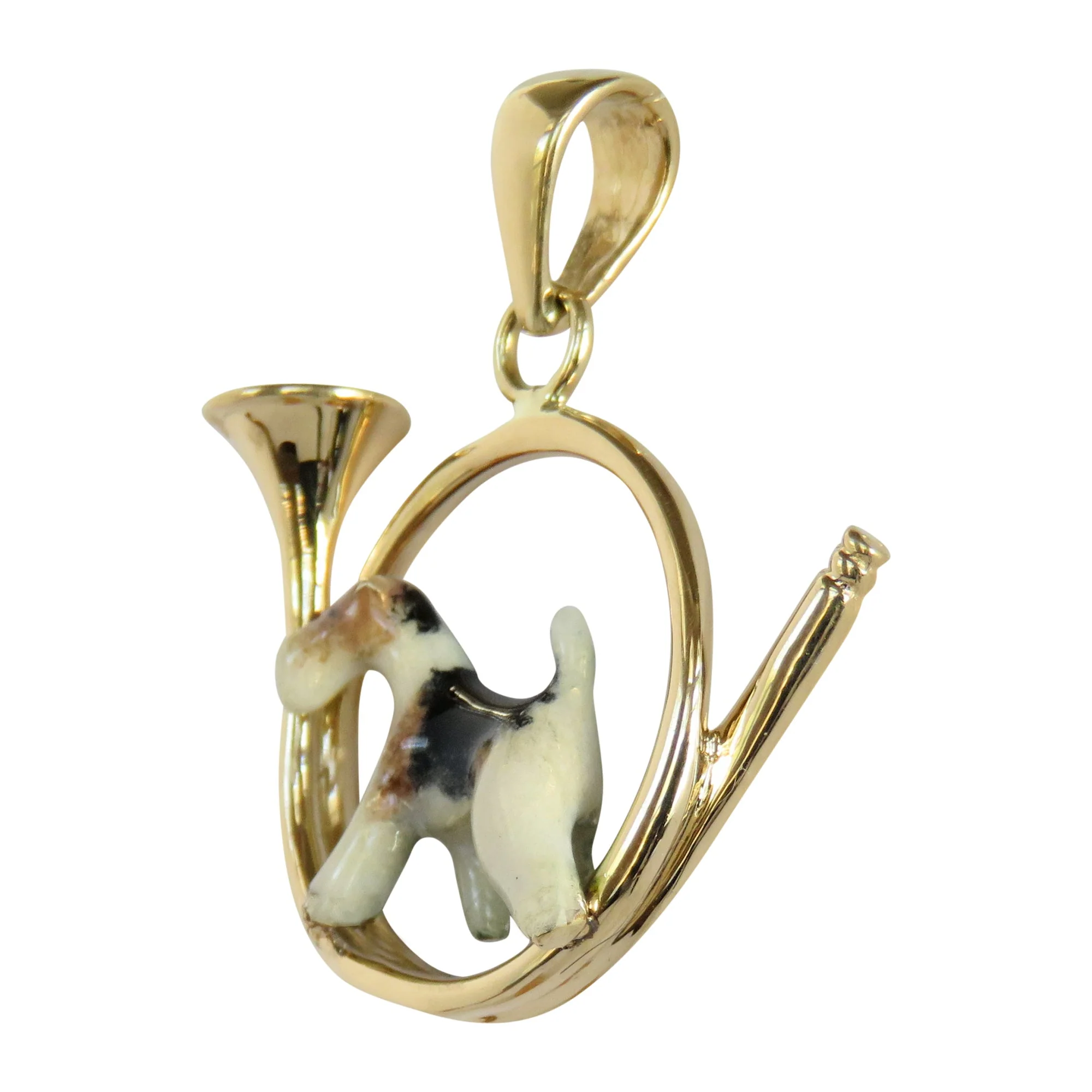 Custom Enamel Wire Fox Terrier in 14K Gold Hunting Horn Pendant - Image 3