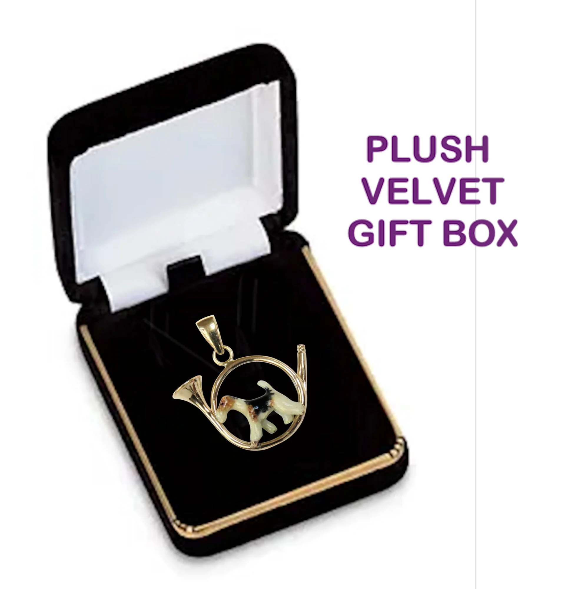 Custom Enamel Wire Fox Terrier in 14K Gold Hunting Horn Pendant - Image 4