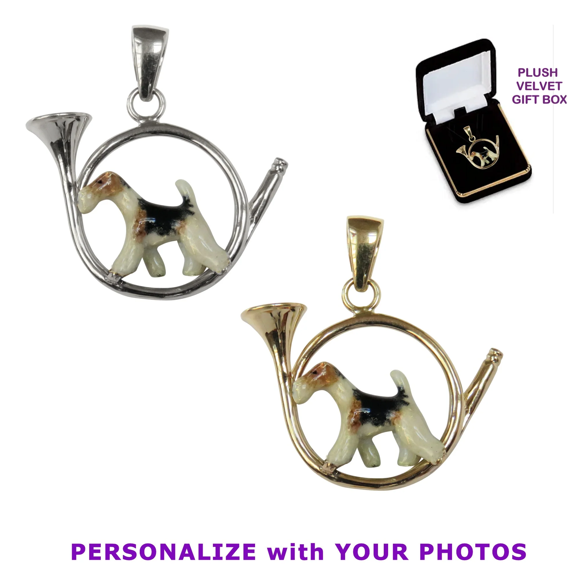 Custom Enamel Wire Fox Terrier in Sterling Silver Hunting Horn Pendant - Image 2