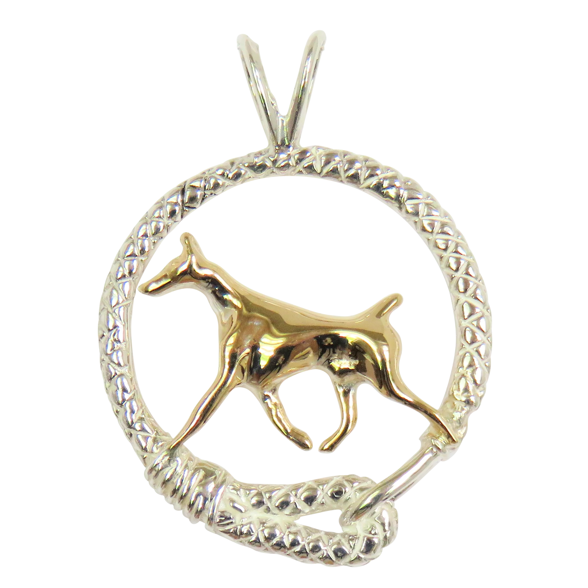 Doberman Pinscher in Solid 14K Gold and Sterling Silver Leash Pendant