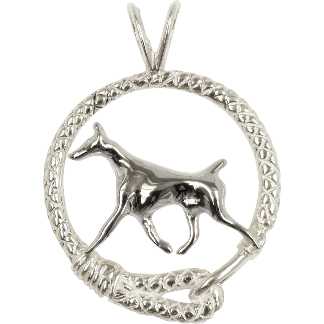 Doberman Pinscher in Solid Sterling Silver Leash Pendant