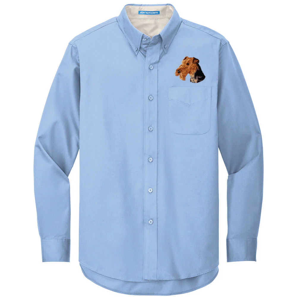 Airedale Terrier Embroidered Long Sleeve Button Up Shirt