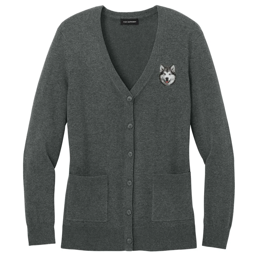 Alaskan Malamute Embroidered Button-Up Cardigan Sweater