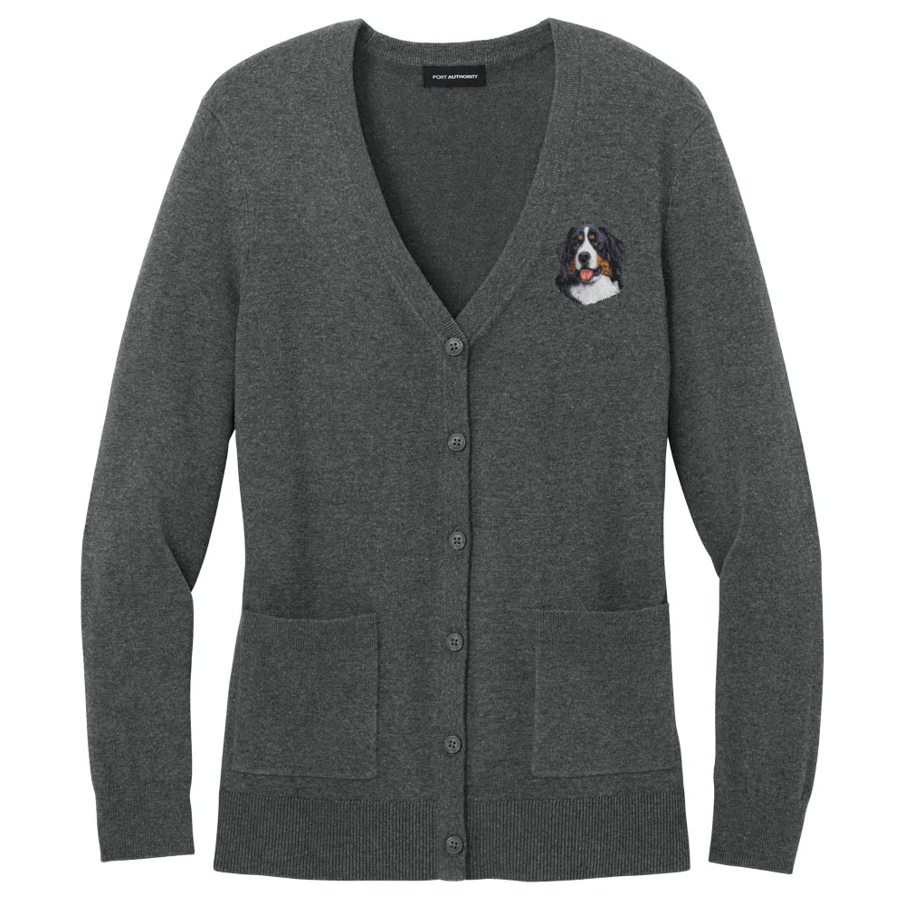Bernese Mountain Dog Embroidered Button-Up Cardigan Sweater