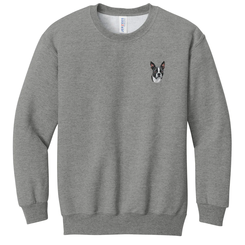 Boston Terrier Embroidered Youth Crewneck Sweatshirt