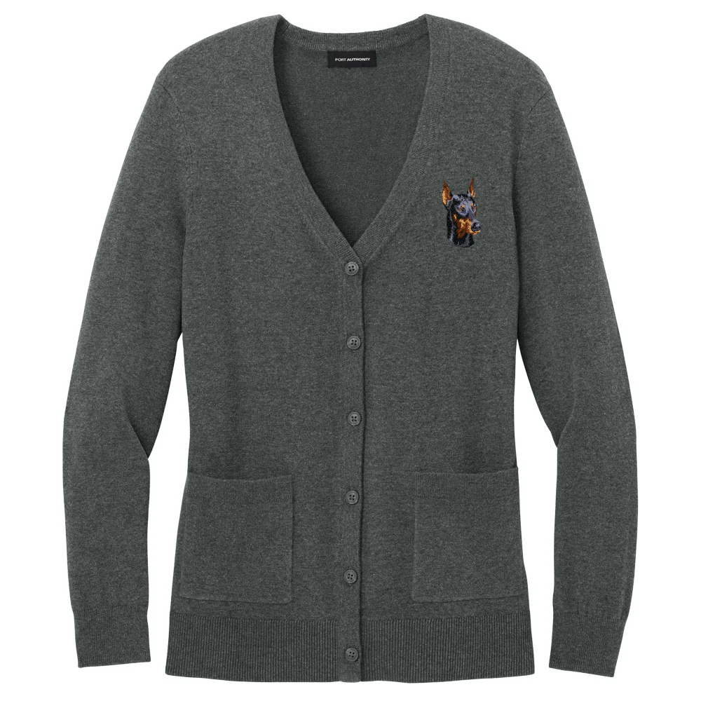 Doberman Pinscher Embroidered Button-Up Cardigan Sweater