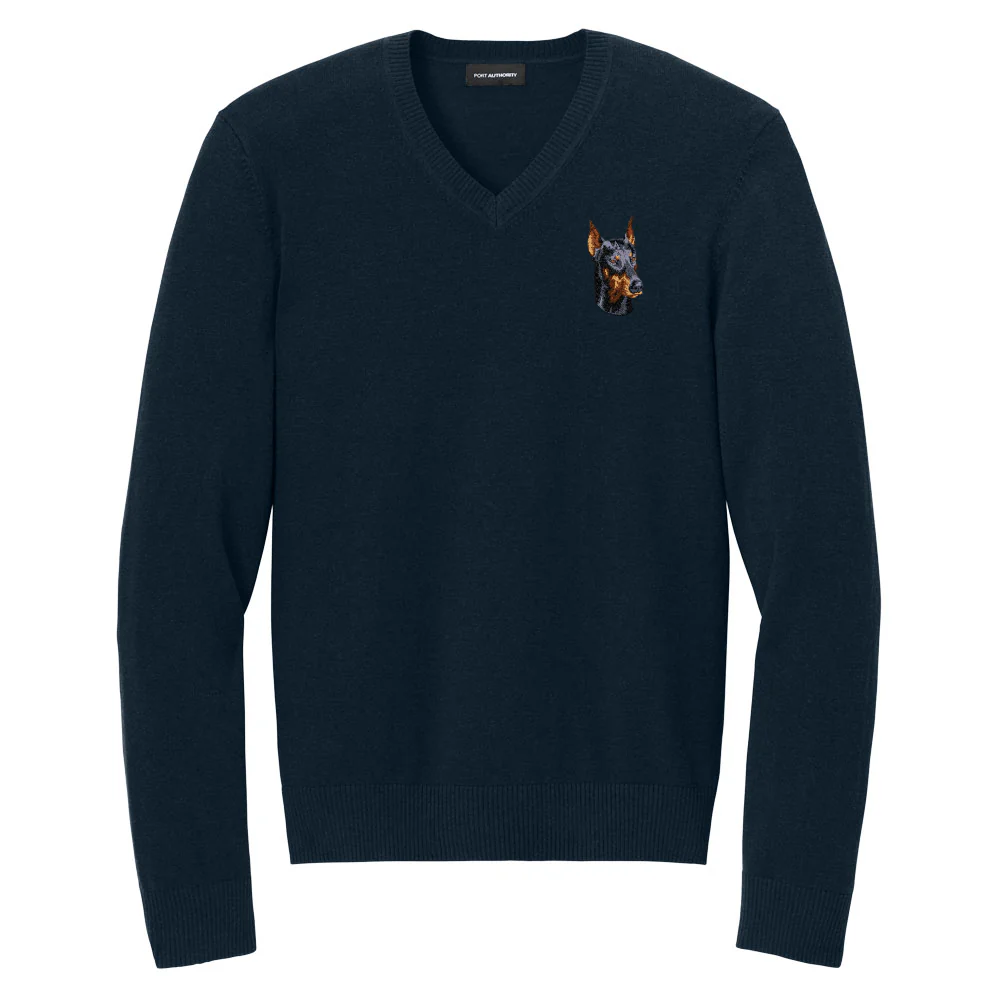 Doberman Pinscher Embroidered V-Neck Sweater