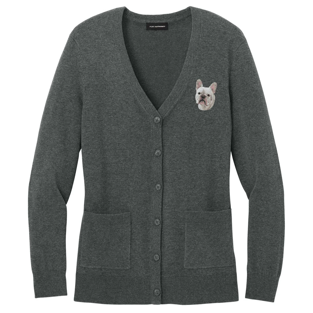 French Bulldog Embroidered Button-Up Cardigan Sweater