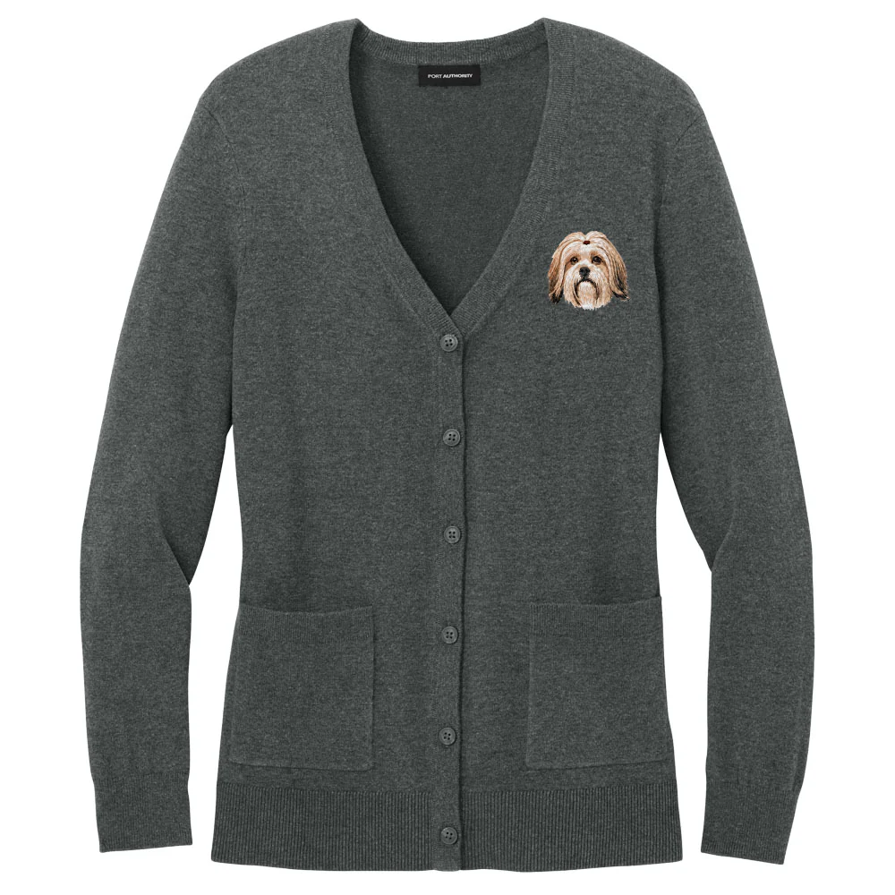 Lhasa Apso Embroidered Button-Up Cardigan Sweater
