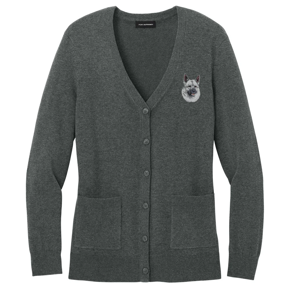 Norwegian Elkhound Embroidered Button-Up Cardigan Sweater