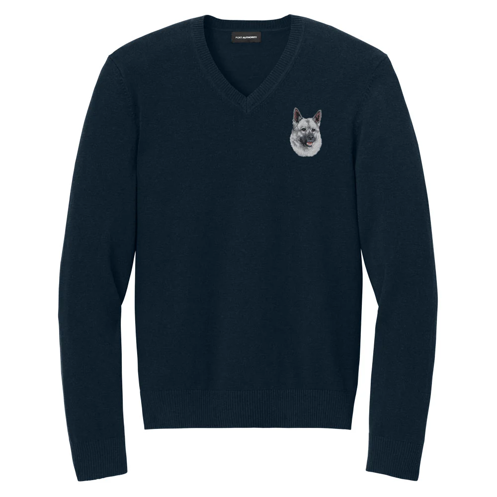 Norwegian Elkhound Embroidered V-Neck Sweater