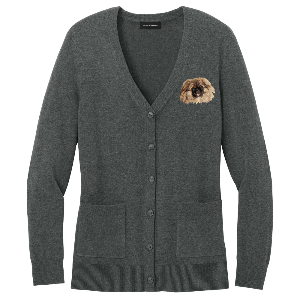 Pekingese Embroidered Button-Up Cardigan Sweater