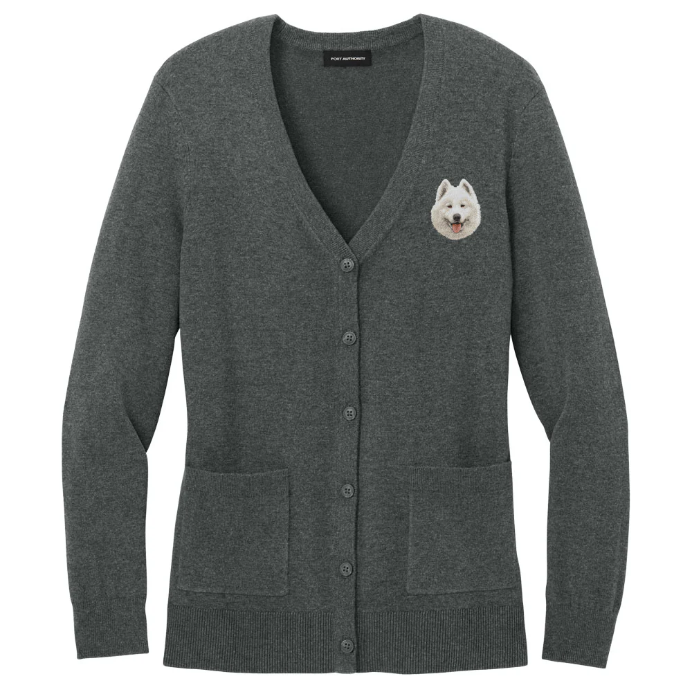 Samoyed Embroidered Button-Up Cardigan Sweater