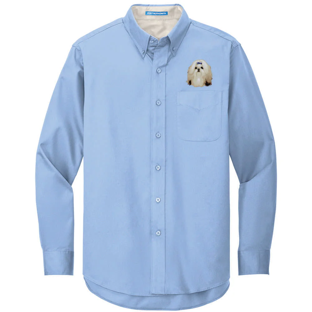 Shih Tzu Embroidered Long Sleeve Button Up Shirt