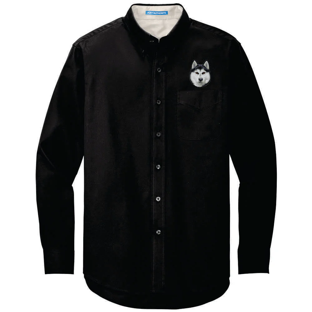 Siberian Husky Embroidered Long Sleeve Button Up Shirt - Image 3