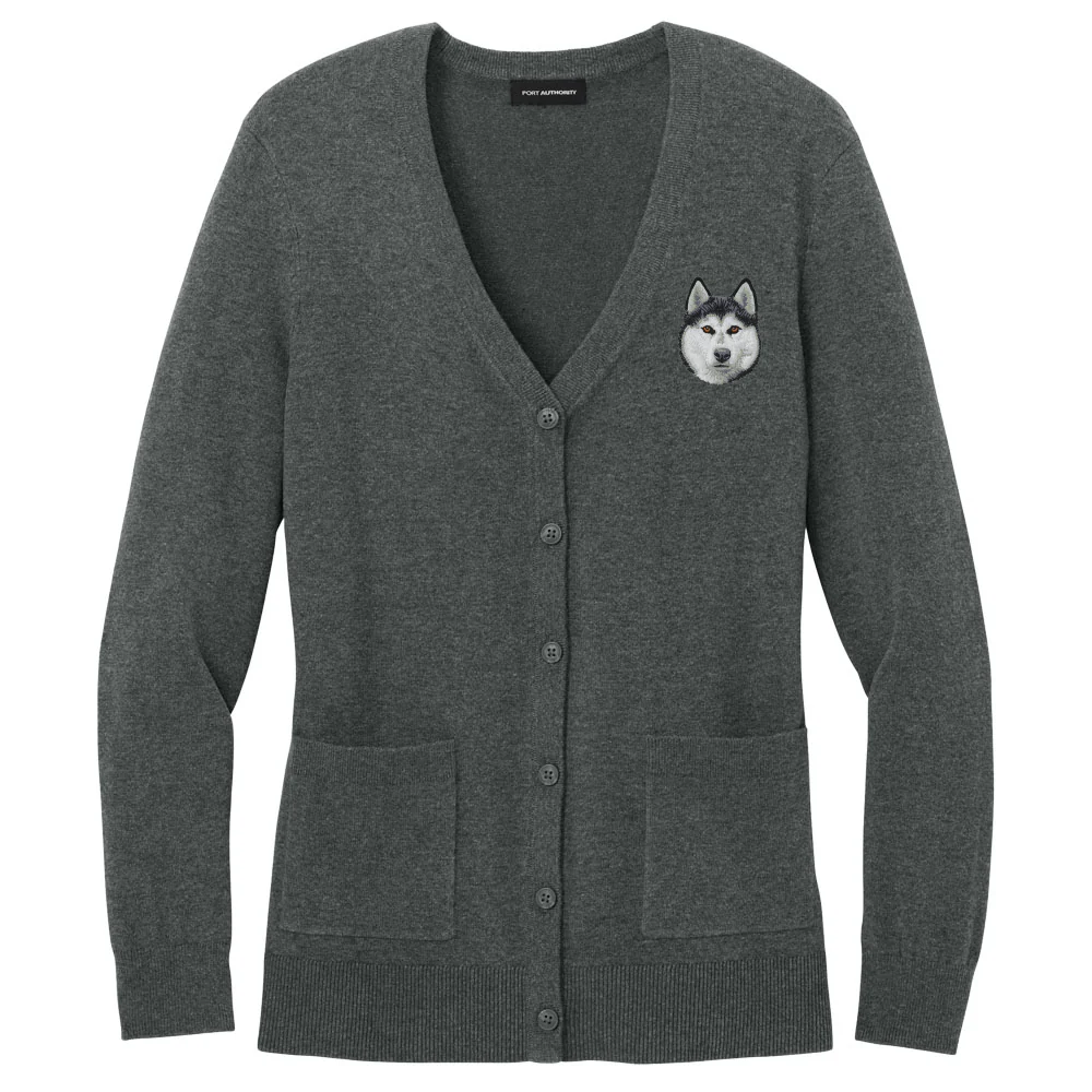 Siberian Husky Embroidered Button-Up Cardigan Sweater