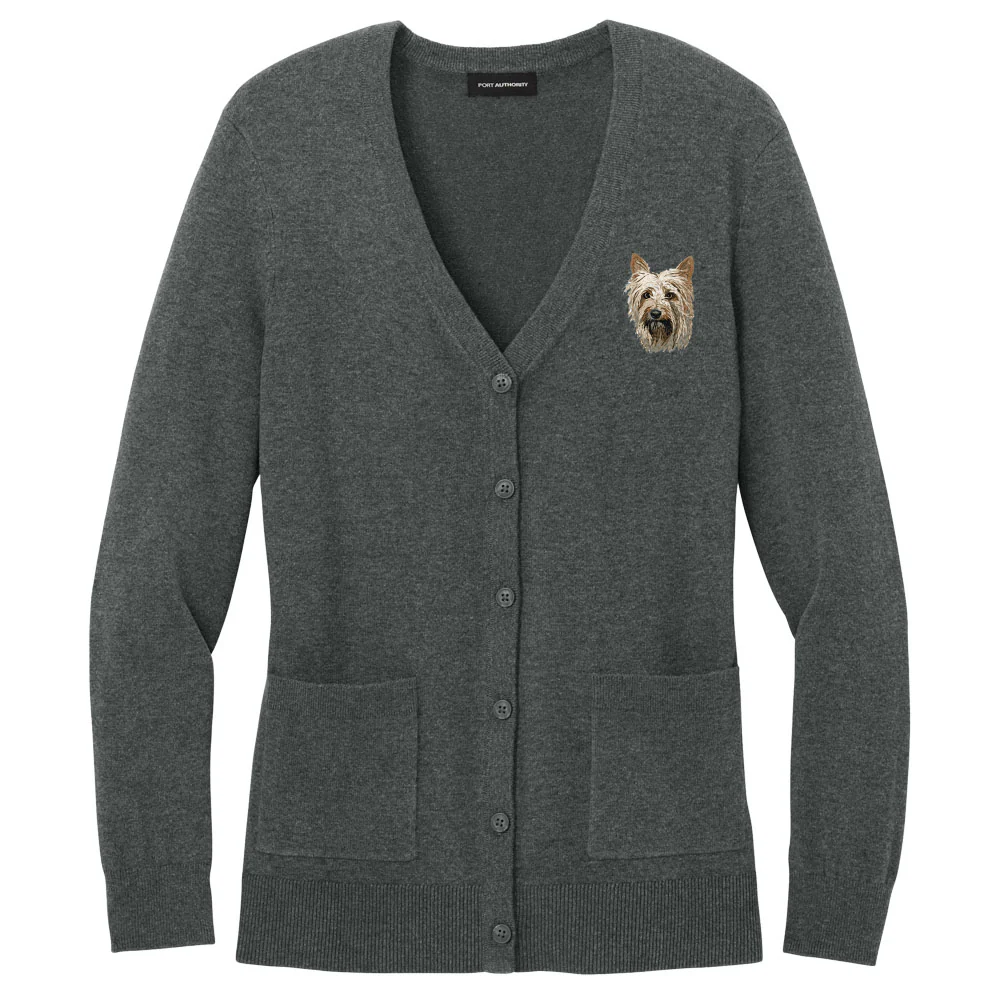 Silky Terrier Embroidered Button-Up Cardigan Sweater